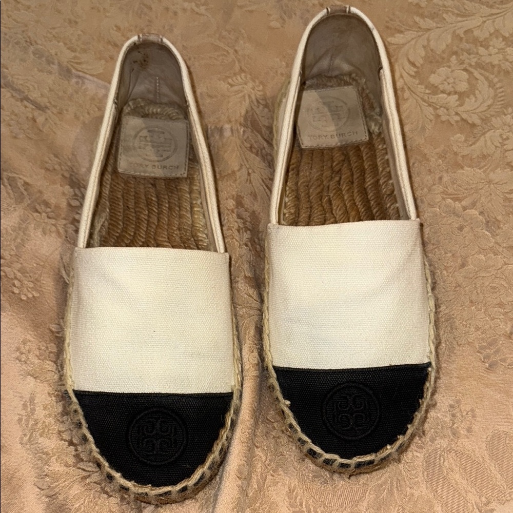 Tory Burch Black and White Espadrille Flats